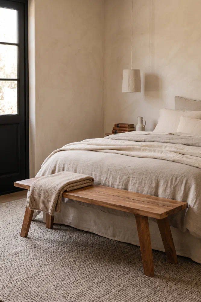 Bedroom decor ideas: teak bench for a finished bed end