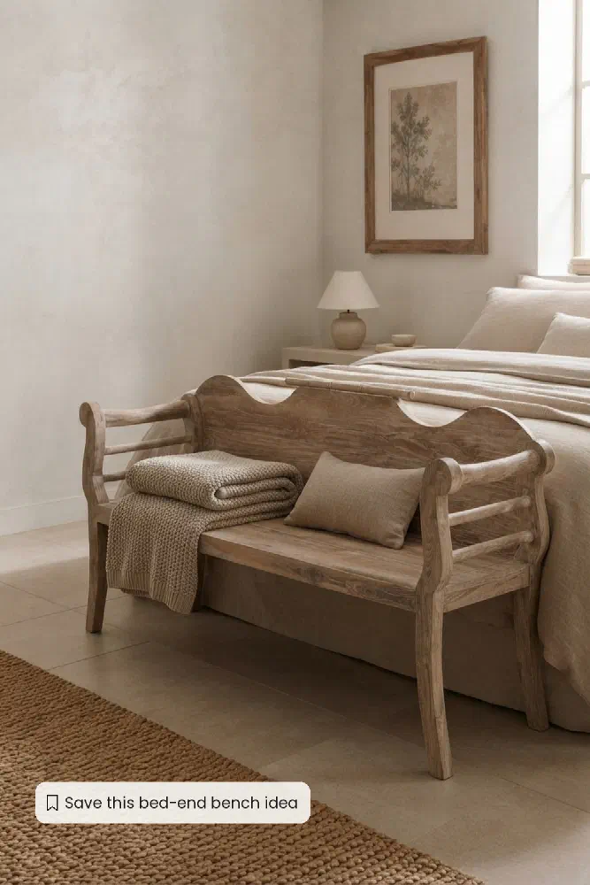 Cream teak bench to create a hotel-style bedroom landing spot