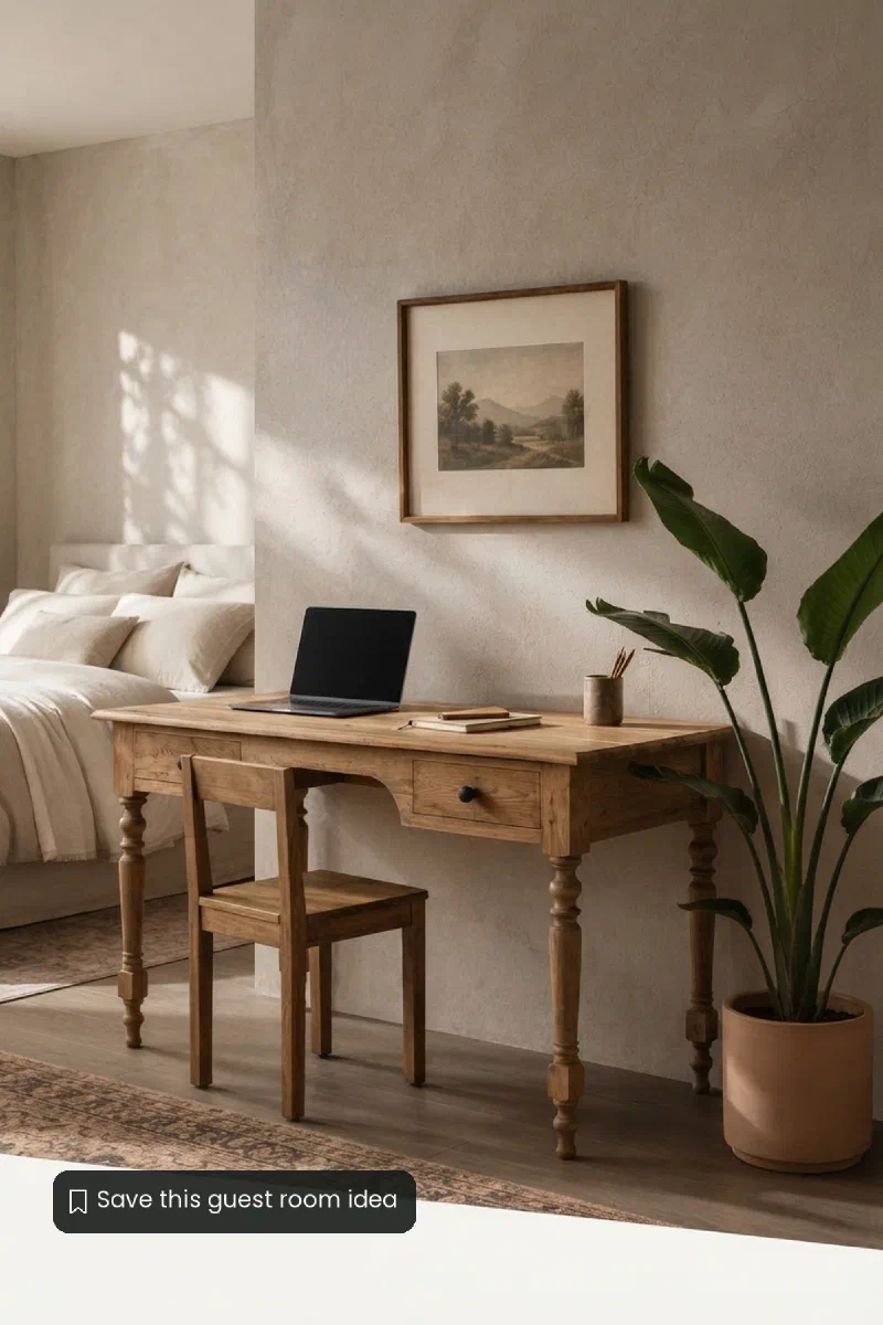 Room decor for a guest bedroom that doubles as a work nook