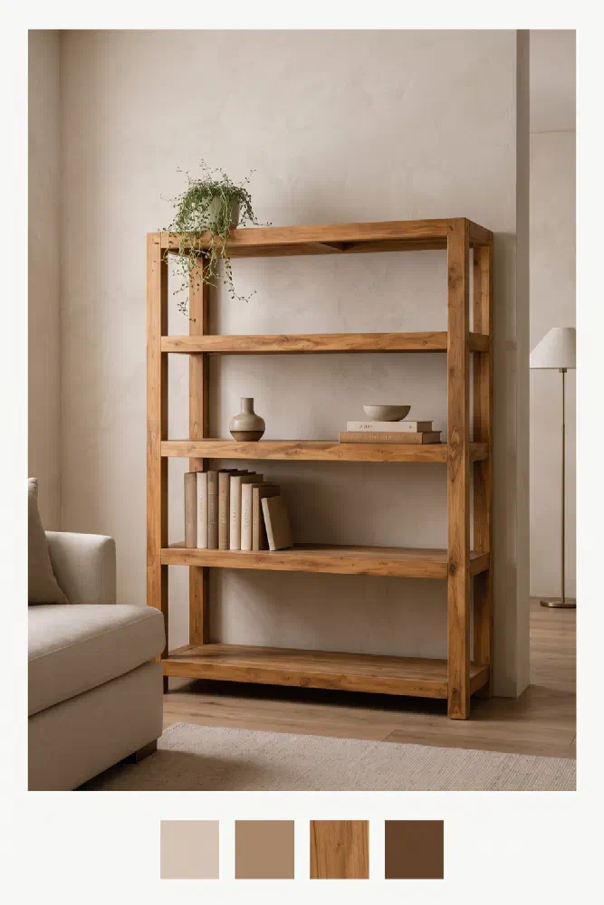 Small space, warm wood: Elowyn teak vertical shelf