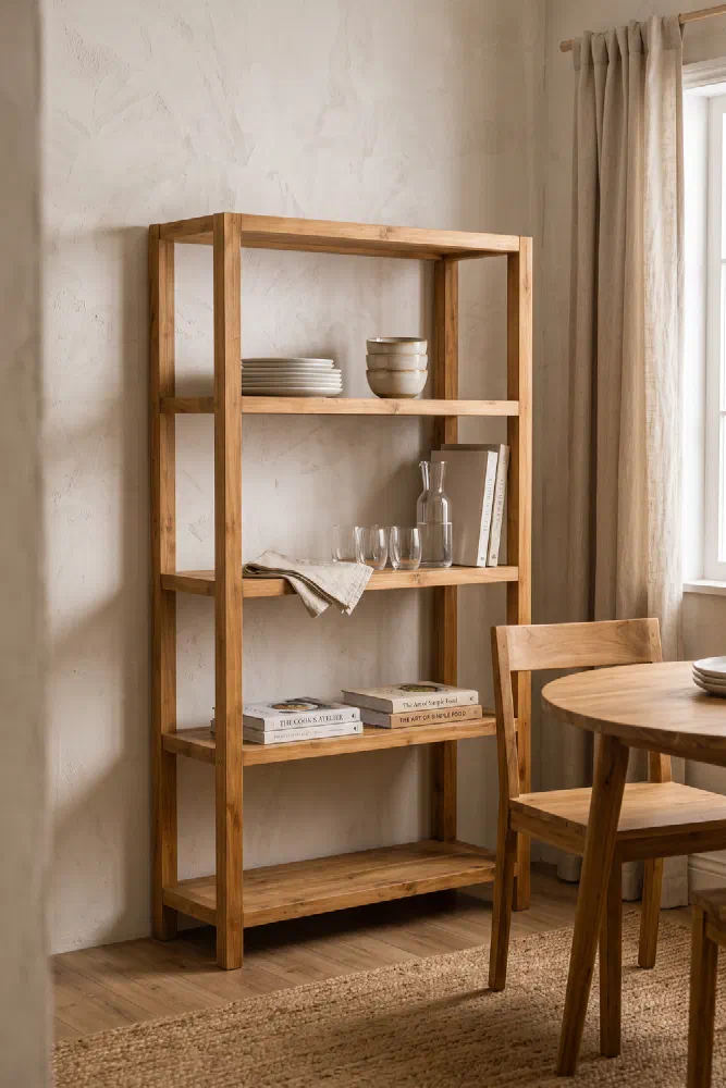 Slim reclaimed teak shelf to open a small dining room
