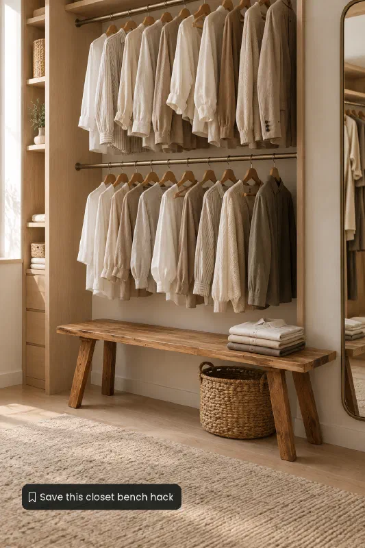 Walk-in closet bench for seating and storage