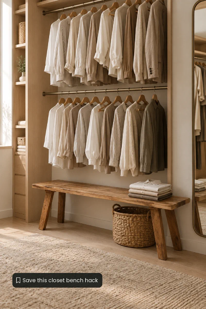 Walk-in closet bench for seating and storage
