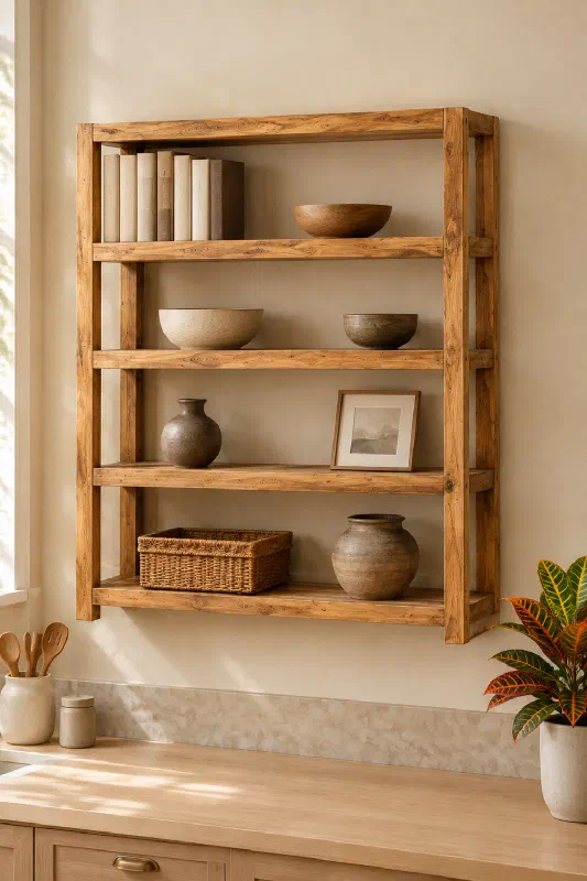 Kitchen decor ideas: open wood shelves for storage