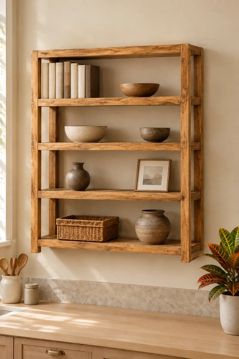 Kitchen decor ideas: open wood shelves for storage