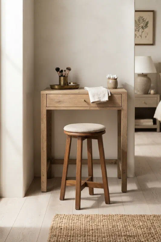 Bedroom vanity nook with a compact teak stool