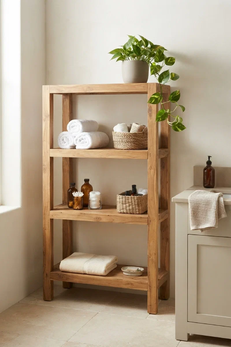 Bathroom storage ideas with a slim vertical shelf