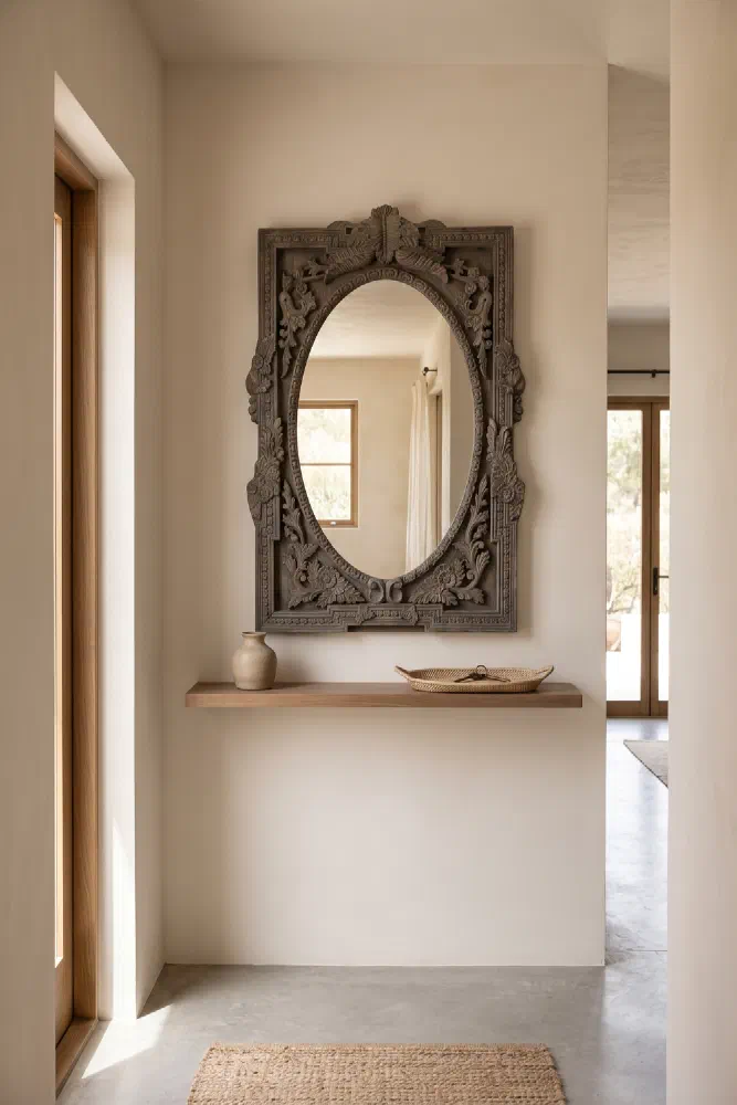 Hand-carved reclaimed teak mirror for narrow hallways