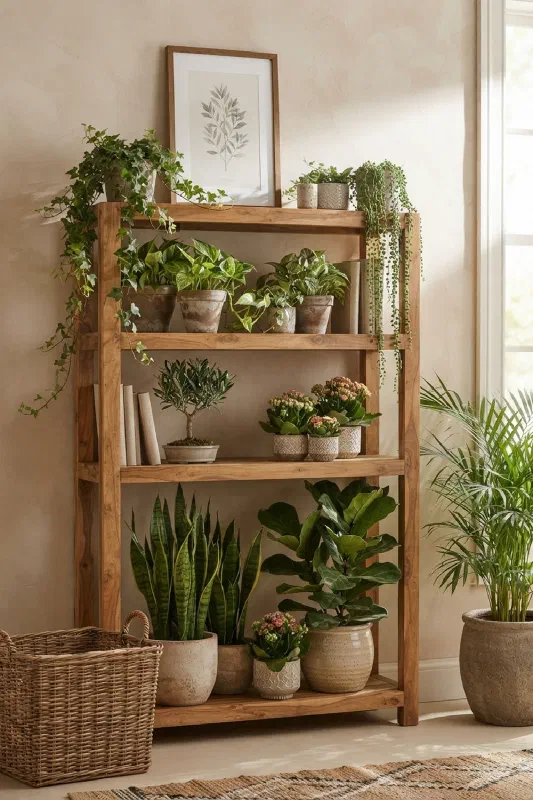 Living room vertical garden with open shelving