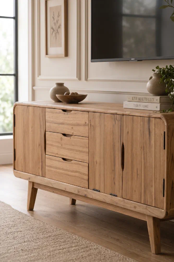 Living room decor ideas: reclaimed teak TV cabinet with hidden storage