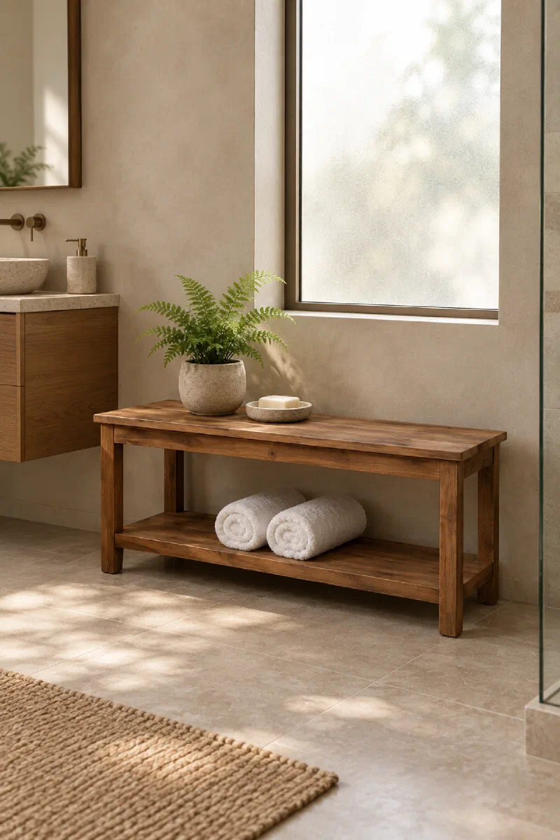 Bathroom decor ideas: spa-like seating and towel storage