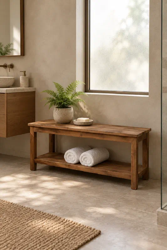 Bathroom decor ideas: spa-like seating and towel storage