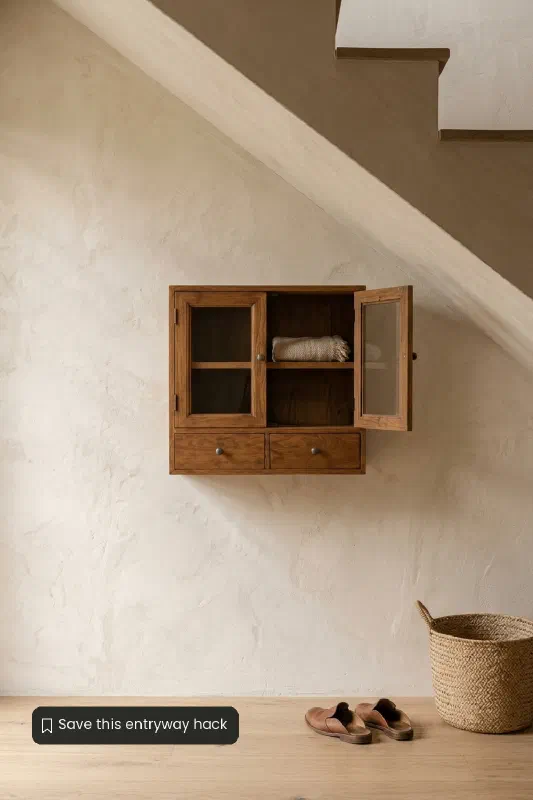 Under-stairs entryway: slim cabinet to hide clutter