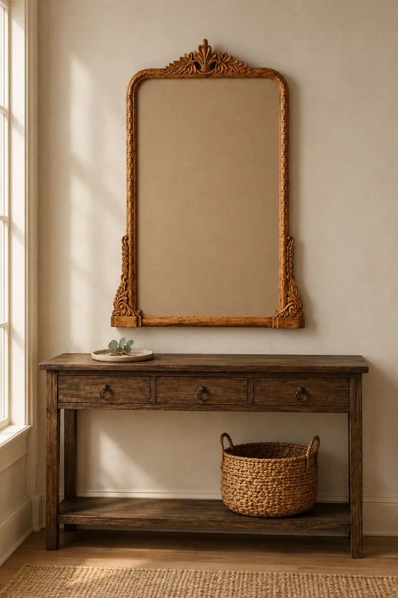 Wall decor for entryways: brighten tight hallways with a carved teak mirror