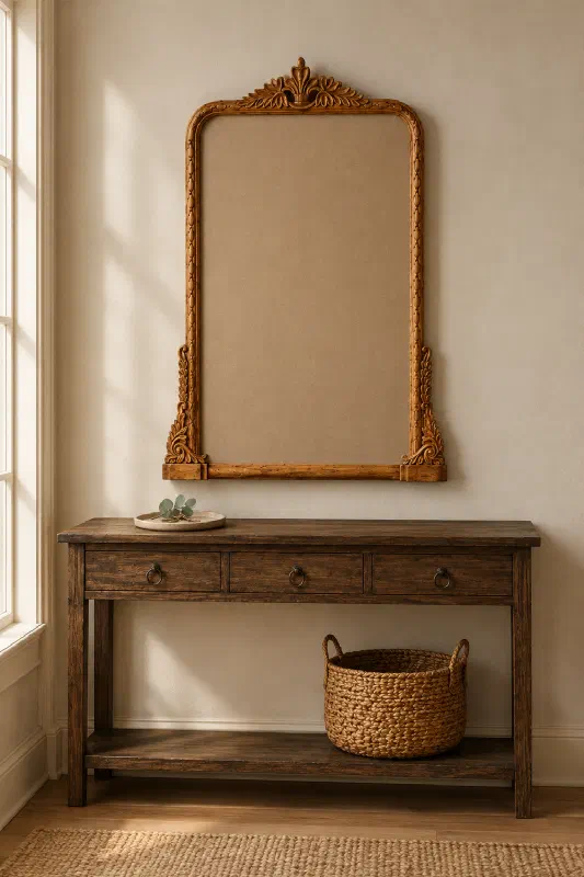Wall decor for entryways: brighten tight hallways with a carved teak mirror