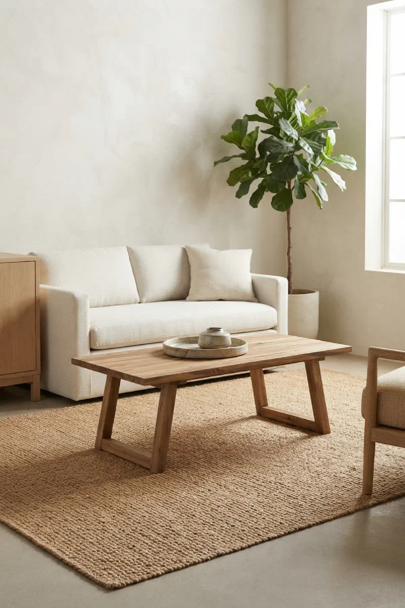 Small living room layout idea with a lighter-looking coffee table